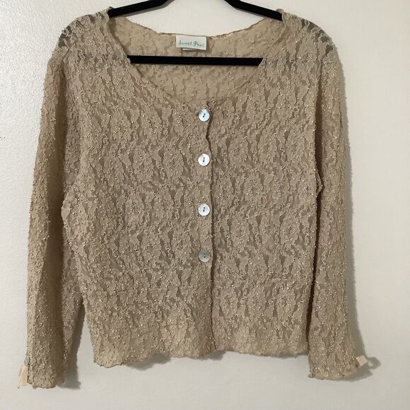 Vintage Y2K Tan Lace Fairycore Cottagecore Feminine Lace Cardigan with Bows 2X - Picture 1 of 8